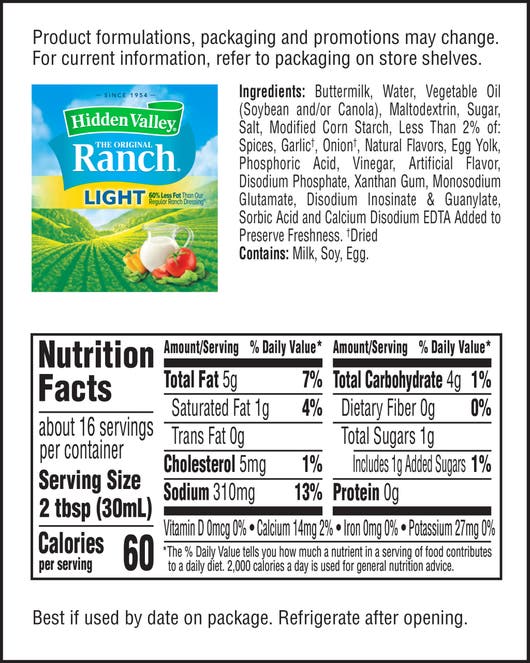 ingredient labels ranch dressing