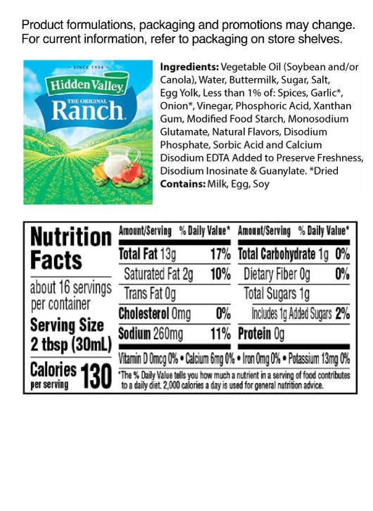 16 oz Original Ranch Dressing bottle nutrition facts