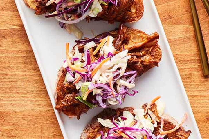 Slow Cooker Ranch BBQ Pulled Pork Open Face Sandwich