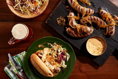Beer-Braised Brats with Onions and Beer Cheese