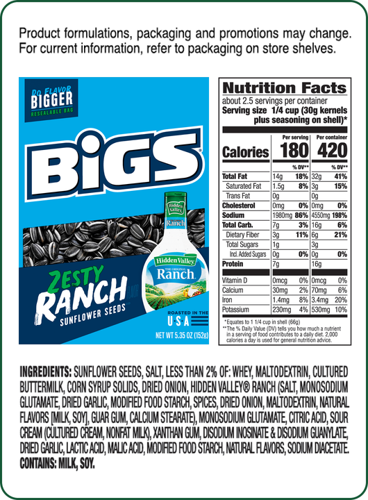 Bigs Zesty Ranch Sunflower Seeds nutrition facts