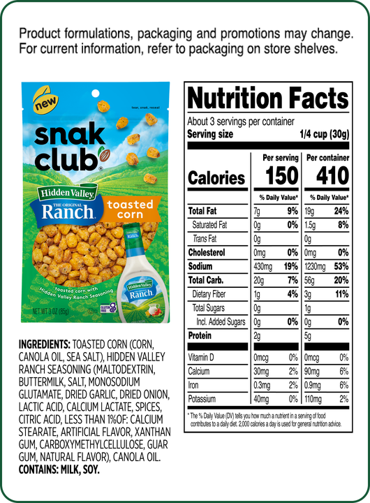 Snak Club Toasted Corn nutrition facts