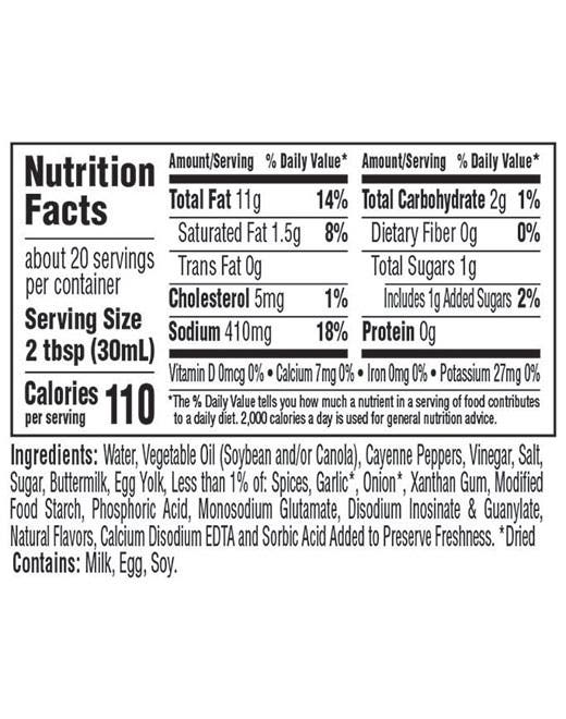 Buffalo Ranch Easy Squeeze bottle nutrition facts