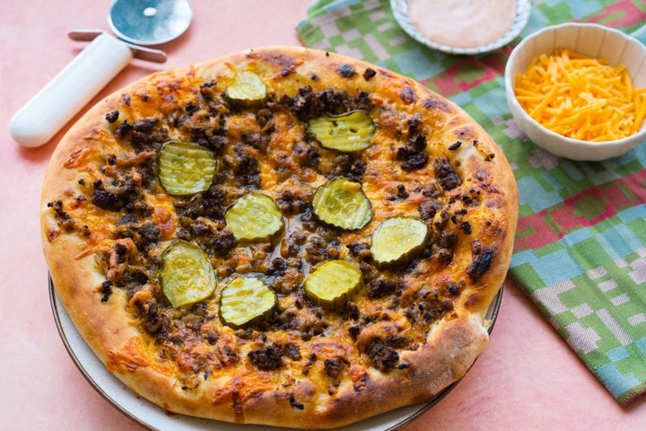 Cheeseburger Pickle Pizza with Ranch