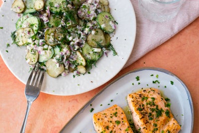 Salmon with Creamy Dill Pickle and Ranch Cucumber Salad