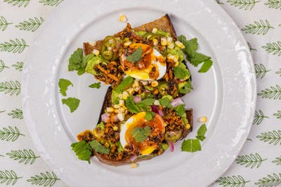 Spicy Ranch Avocado Toast with Soft-Boiled Eggs and Pickles